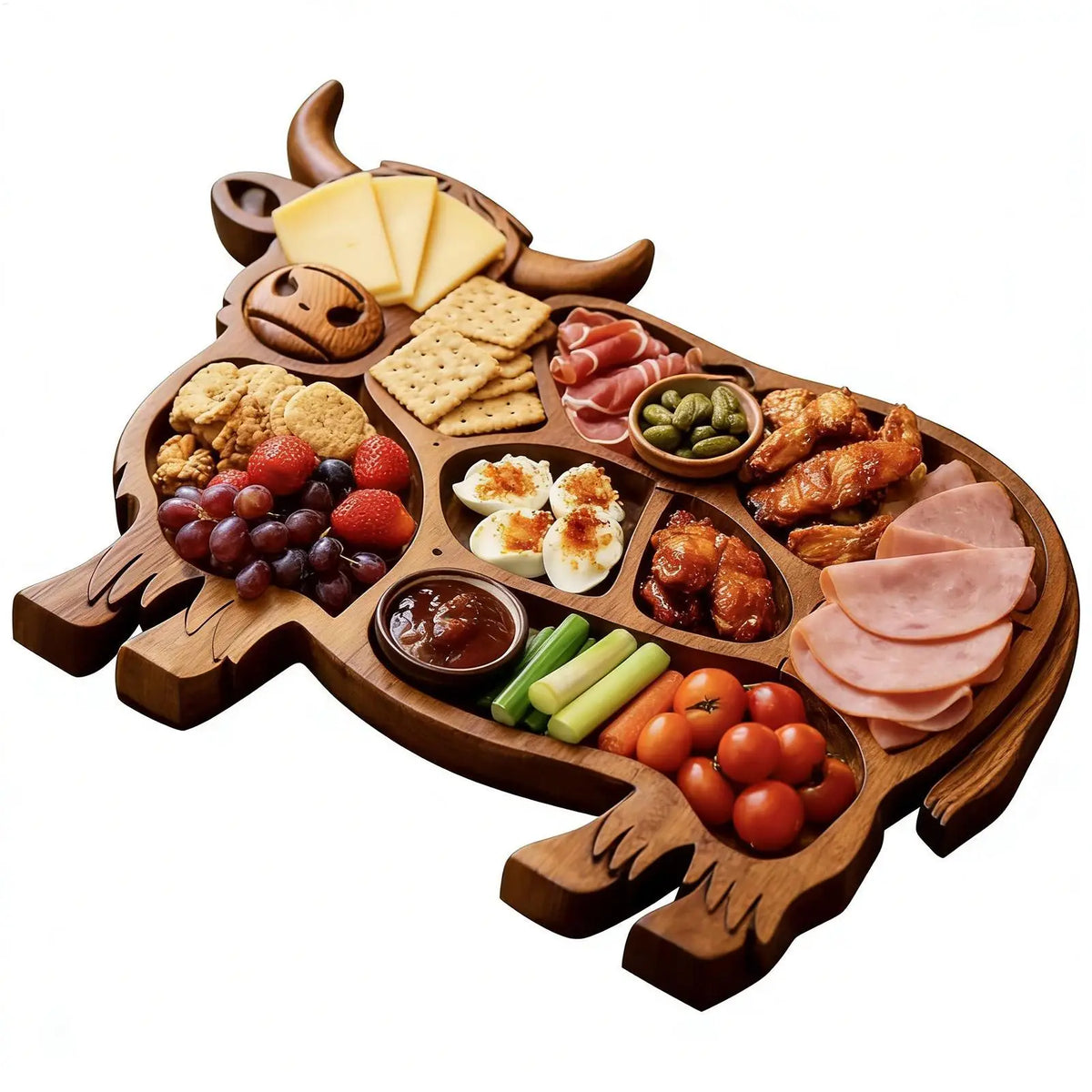 plateau charcuterie bois naturel taureau traditionnel fromage viande fruits légumes sauces
