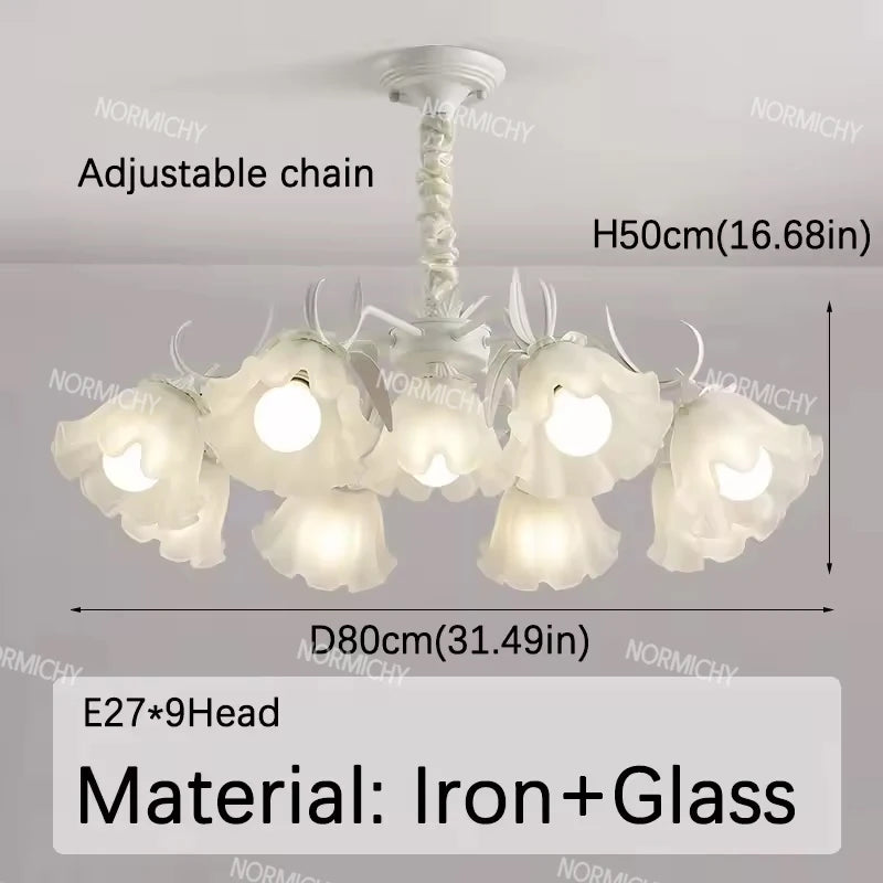 lampe suspendue fleur blanche classique romantique translucide chaines ampoules