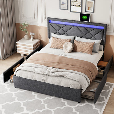 Lit double moderne gris foncé avec chevet intégré et éclairage LED