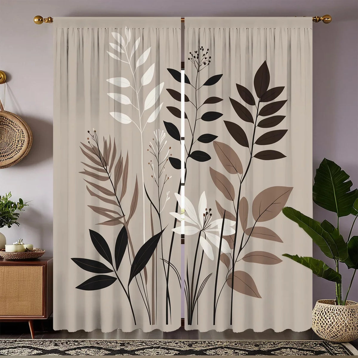 rideau semi transparent feuilles stylisées moderne polyester 100% 24x59in x2