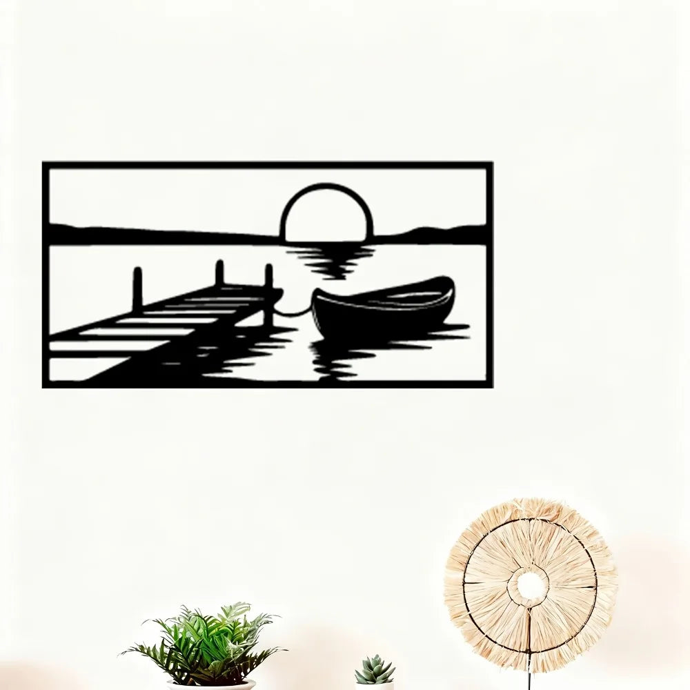 tableau mural paysage lac noir soleil couchant bateau quai minimaliste moderneintérieur décoration art marine