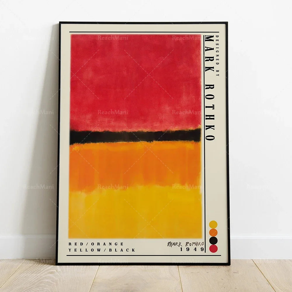 Affiche d'art abstraite représentant des formes géométriques dans des tons rouge, orange et jaune avec des accents de noir.
