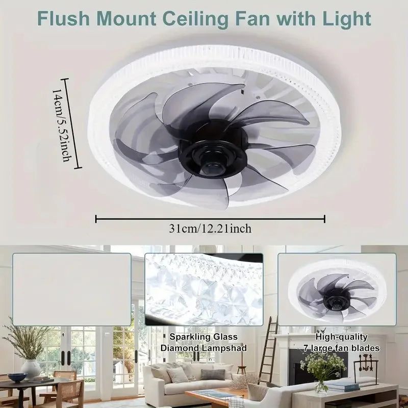 ventilateur lumière led blanc noir transparent moderne télécommande echangement couleur continu chambre couchette