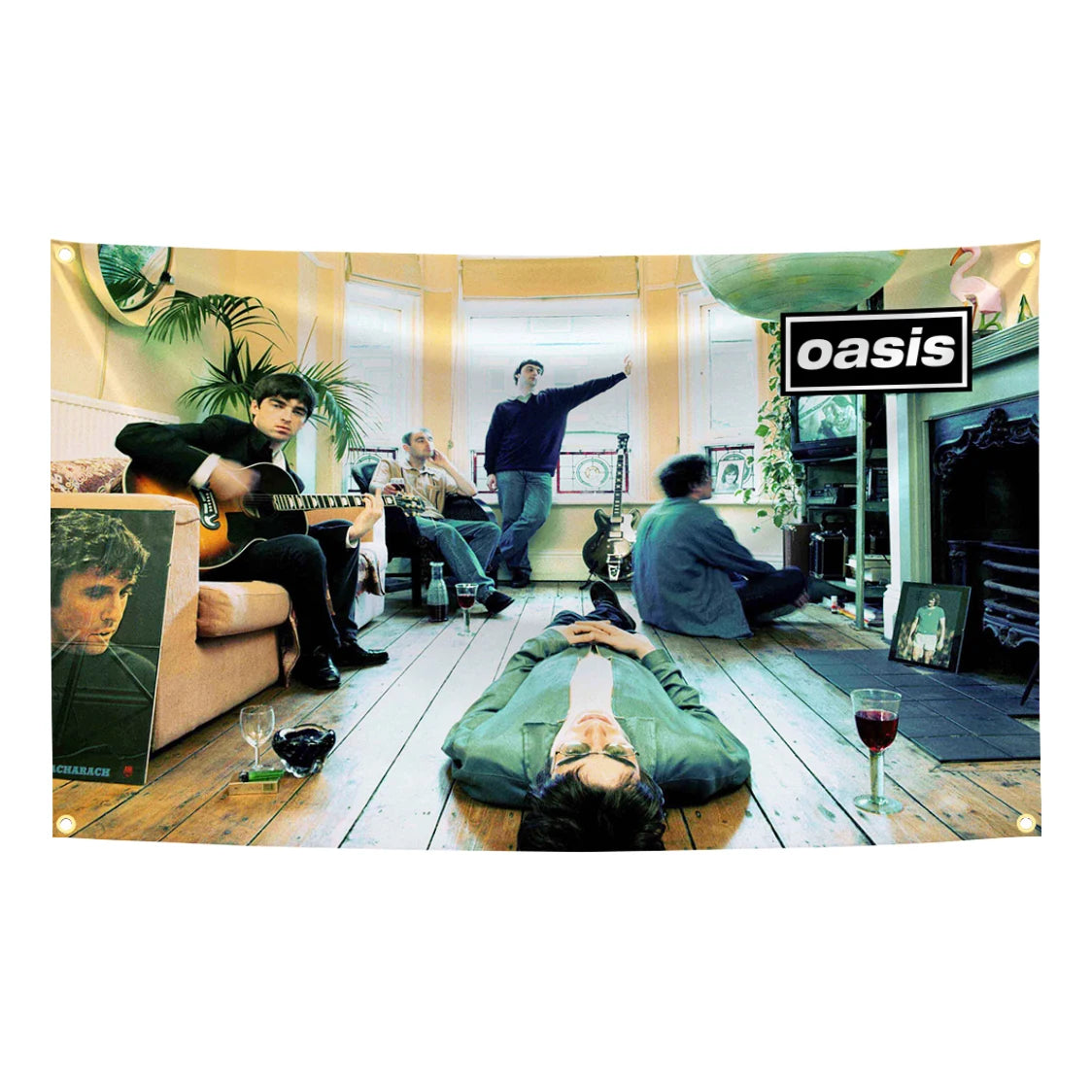 bannière rock vintage oasis logo union jack scène musicale noir rouge bleu