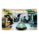 bannière rock vintage oasis logo union jack scène musicale noir rouge bleu
