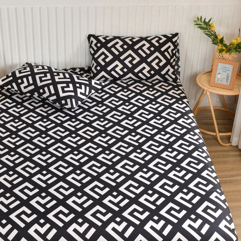 ensemble literie moderne noir blanc motif géométrique drap housse couette deux taies oreillers bord