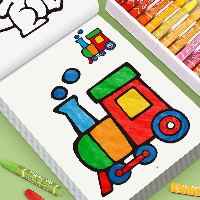 livre coloriage enfants dessins train voiture pomme poisson crayons huile illustrations françaises