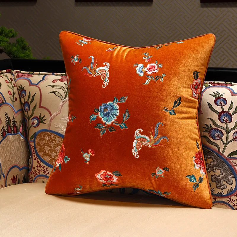 housses d'oreiller brodées fleurs velours coton polyester lit décoration salon orange rose