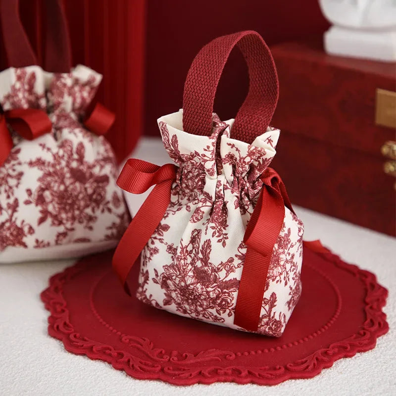 sac bonbons portable toile motif floral ruban blanc réutilisable emballage cadeau mariage anniversaire noël