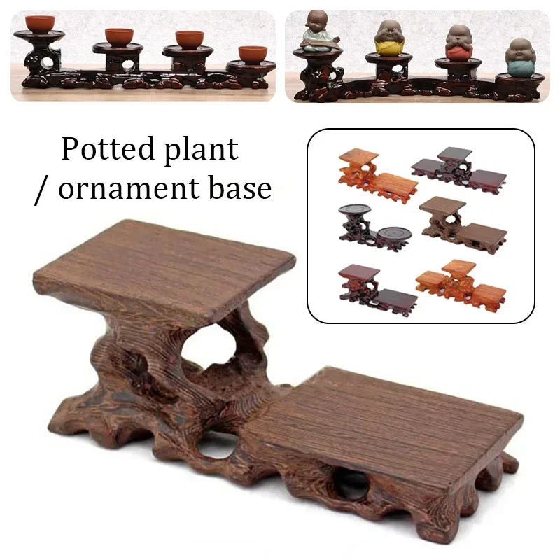 support plante bois marron foncé texture naturelle artisanal rustique base ornement intérieur