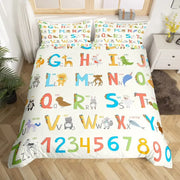 housse couette alphabet animaux motifs colorés taies oreillers decoration enfantine ludique
