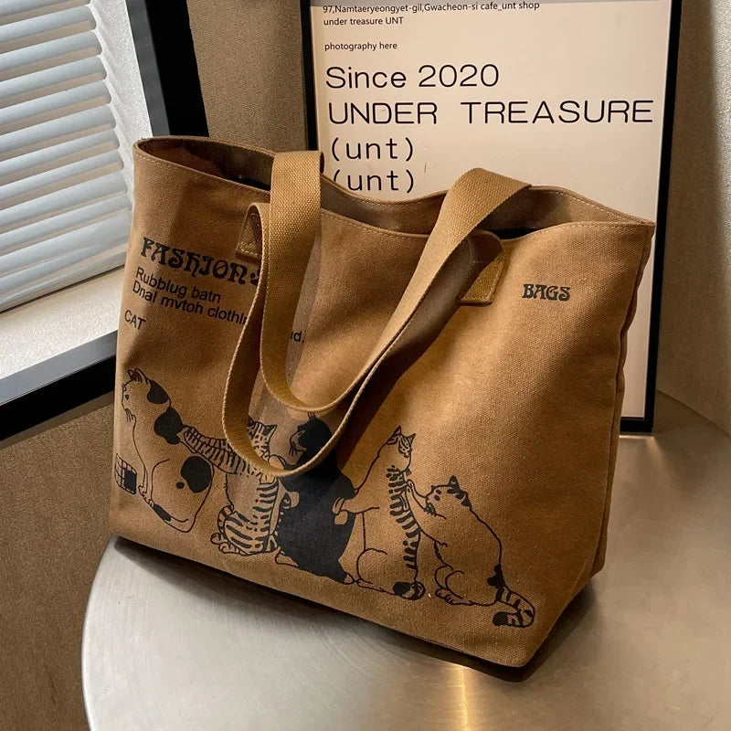 sac main femme toile imprimé chats marron clair poche zippée poche intérieure moderne casual