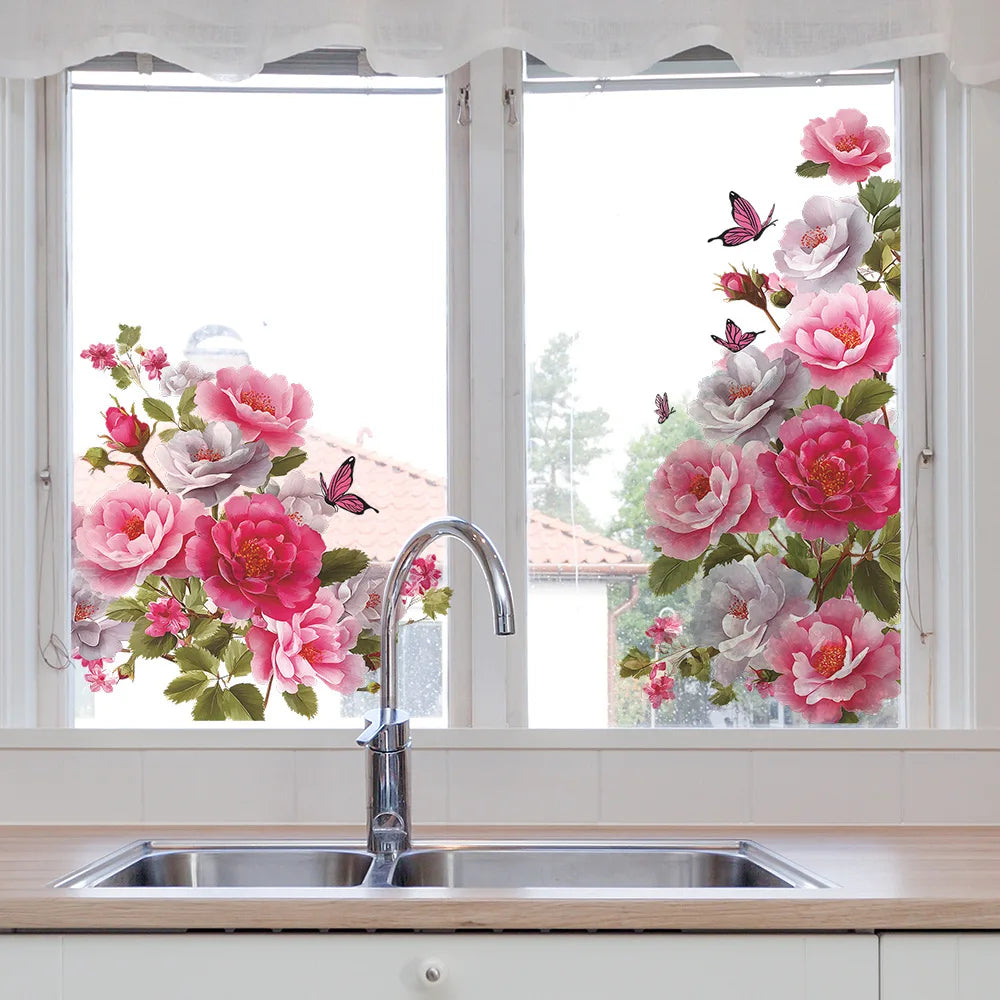 autocollants muraux fleurs pivoine papillons decoration murale rose blanc vert floral