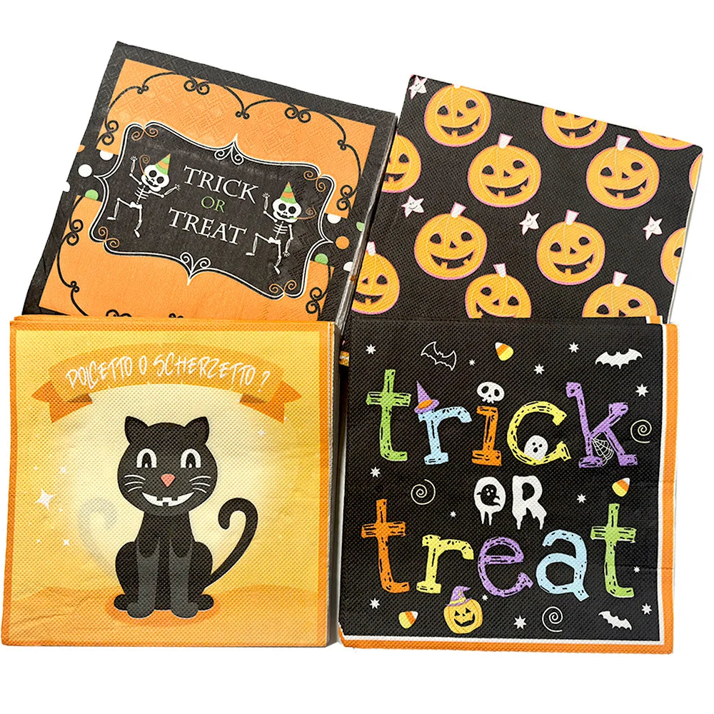 serviettes papier halloween motifs citrouille fantôme crâne main ensanglantée sorcière chauve souris cocktail