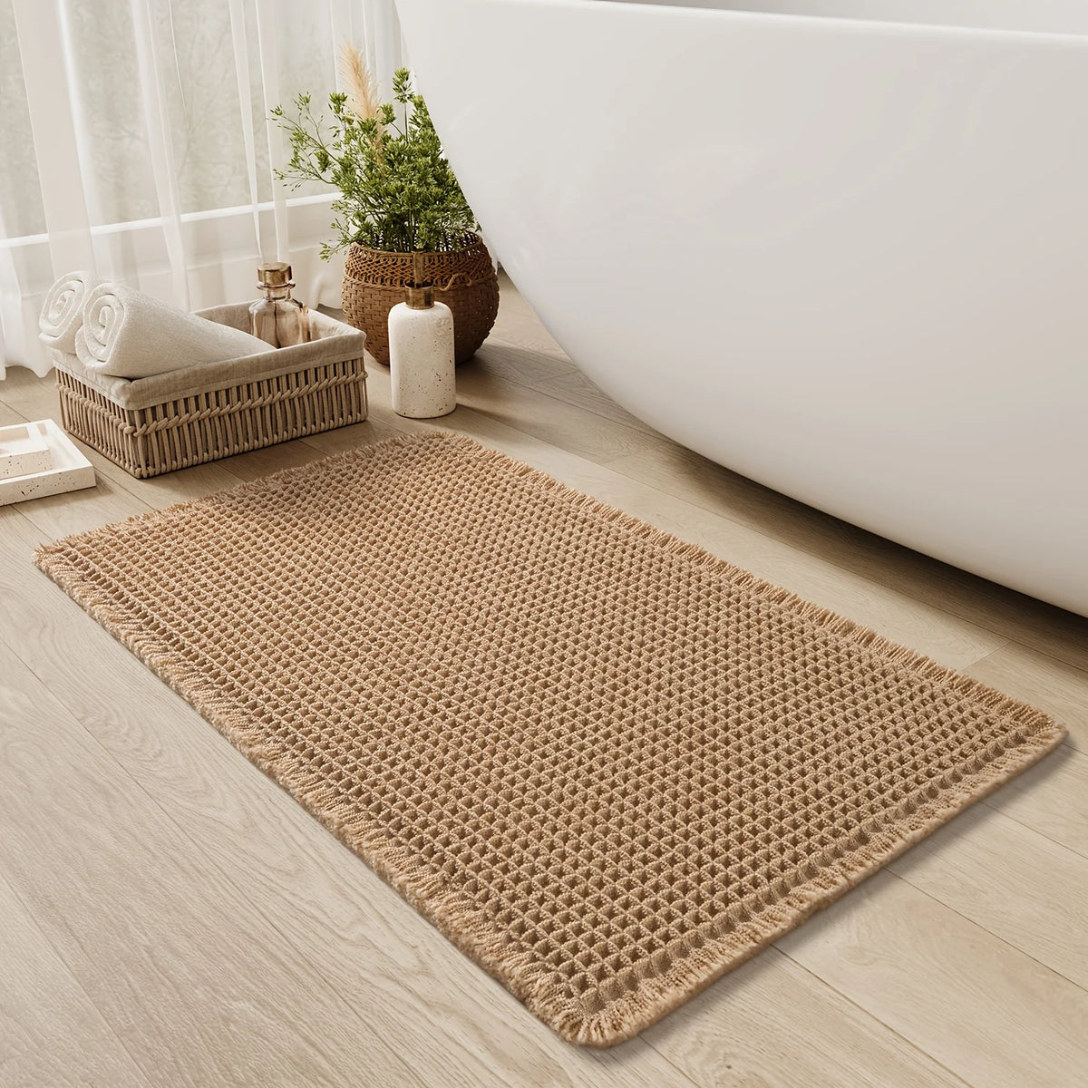 tapis bain absorbant anti dérapant coton moderne beige clair maille fine franges bord salle