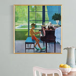 tableau toile huile enfant piano vert bleu brun contemporain maison décoration mur carré