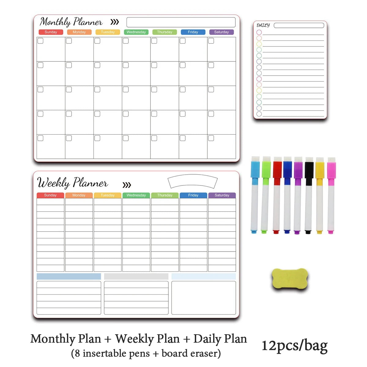 planificateur mural aimants couleurs multiples calendrier mensuel hebdomadaire stylos effaçables effaceur tableaux blancs multifonctionnels
