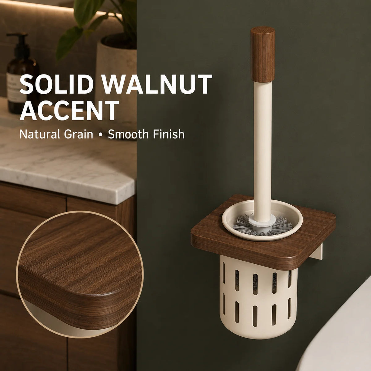 brosse wc bois marron clair support mural blanc moderne rangement ventilé minimaliste