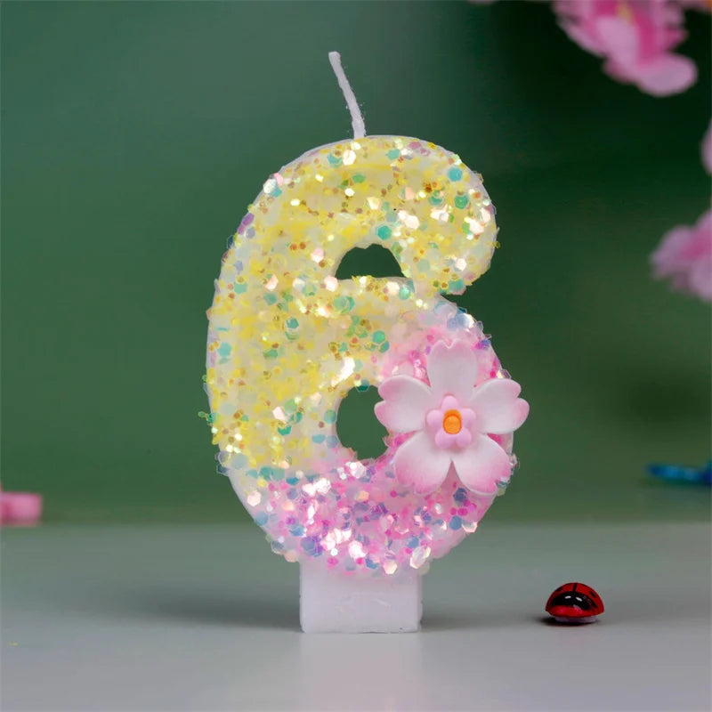 bougies numériques paillettes fleur relief anniversaire enfant décoratives jaune rose blanches