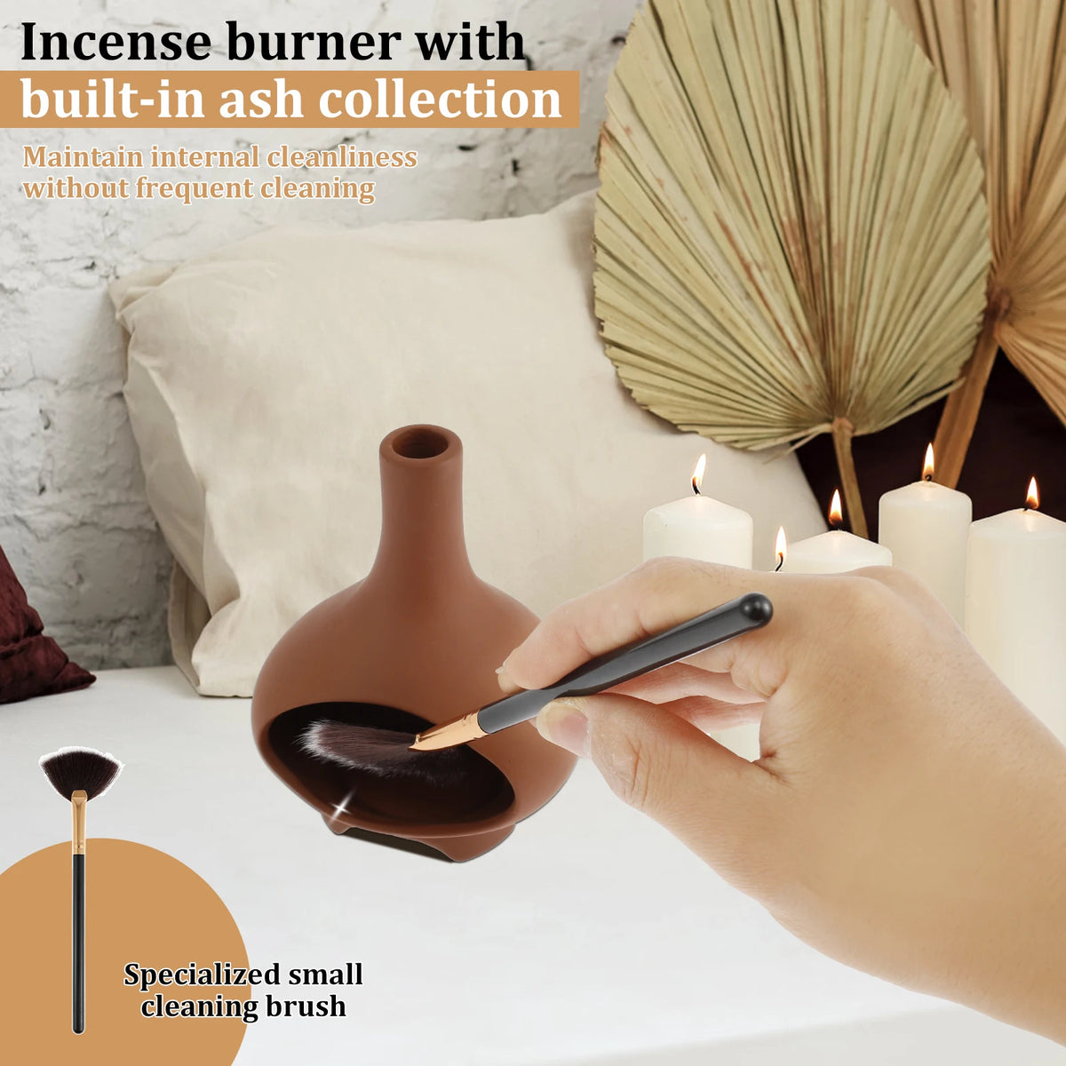 brûleur d'encens marron moderne élégant cheminée céramique méditation décoration intérieure petite brosse apaisante ambiance