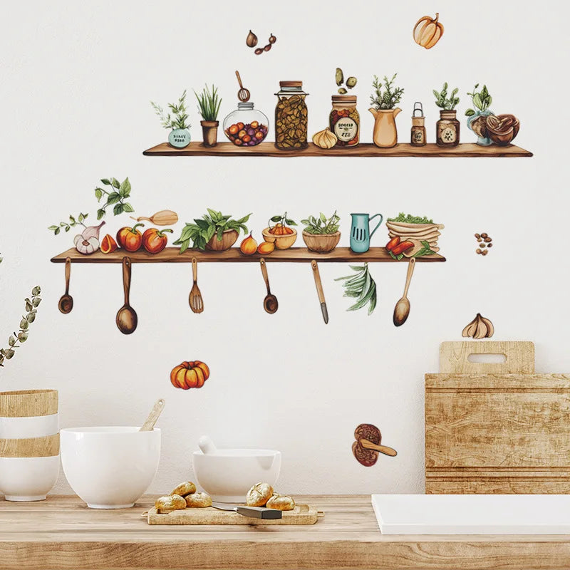 autocollants muraux décoratifs étagères ustensiles cuisine illustrations aquarellées légumes herbes aromatiques vintage rustique chambre