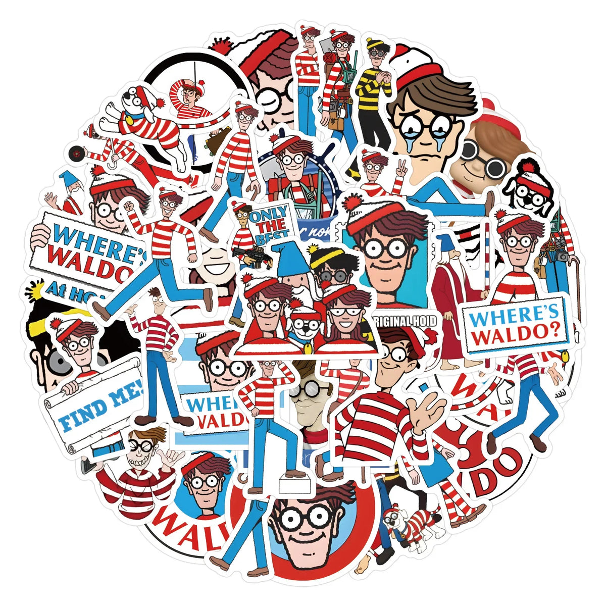 stickers étanches wheres waldo bleu blanc rouge personnages dessins animés humour cartoony adhésifs 50pcs