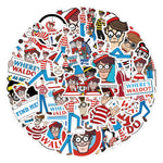 stickers étanches wheres waldo bleu blanc rouge personnages dessins animés humour cartoony adhésifs 50pcs