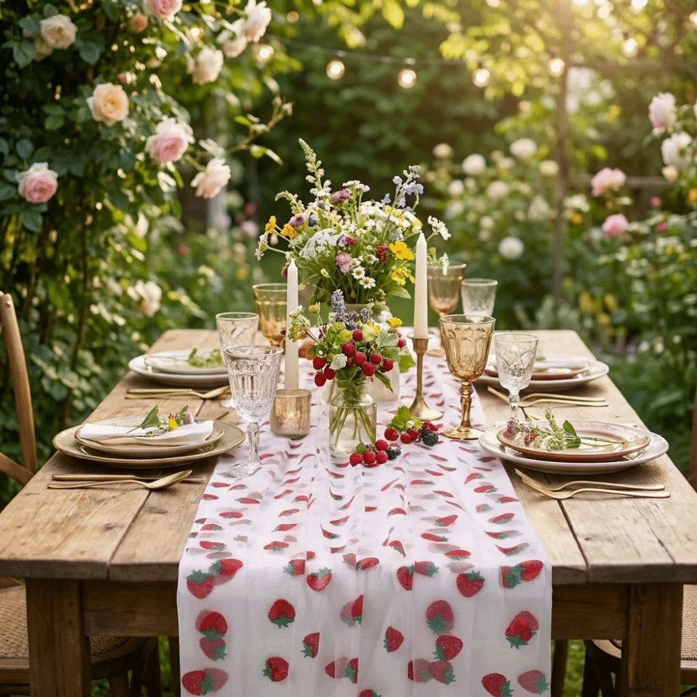 nappe runner transparent rose fraises motifs floral mariage table decoration champetre