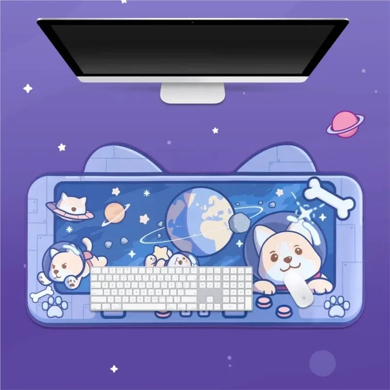 tapis souris kawaii chiens astronautes planètes étoiles bleu blanc rose gris spatial cartoon 72x40cm