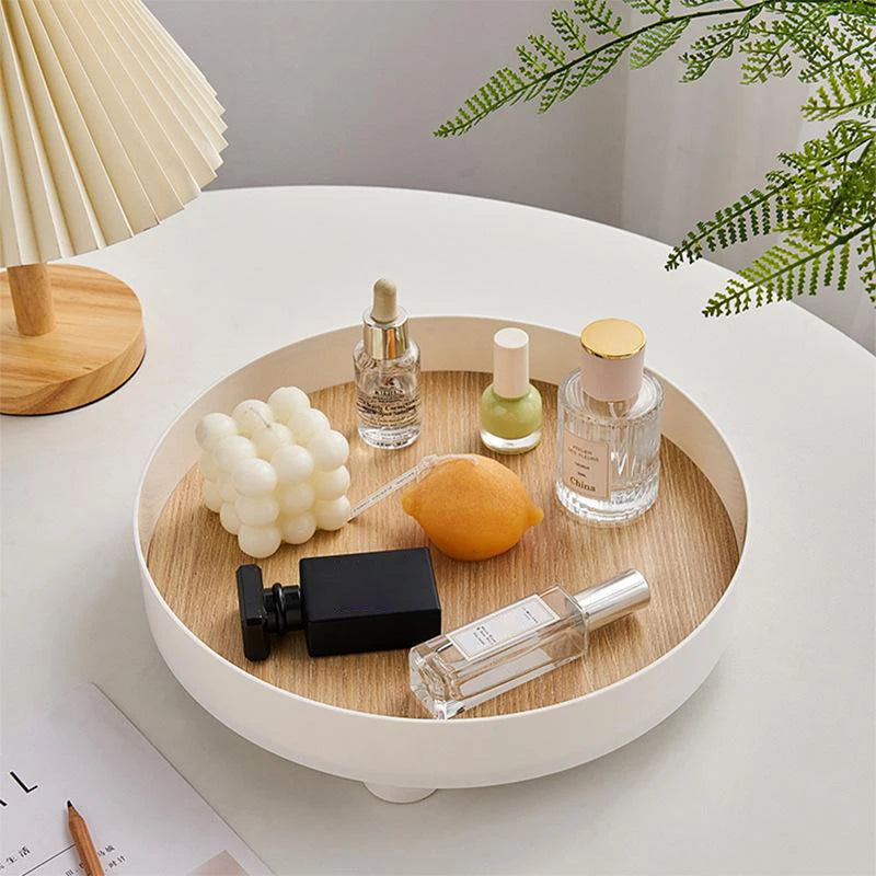 plateau rotatif bord blanc imitation bois parfum huiles essentielles bougie fleurs vase transparent lampe