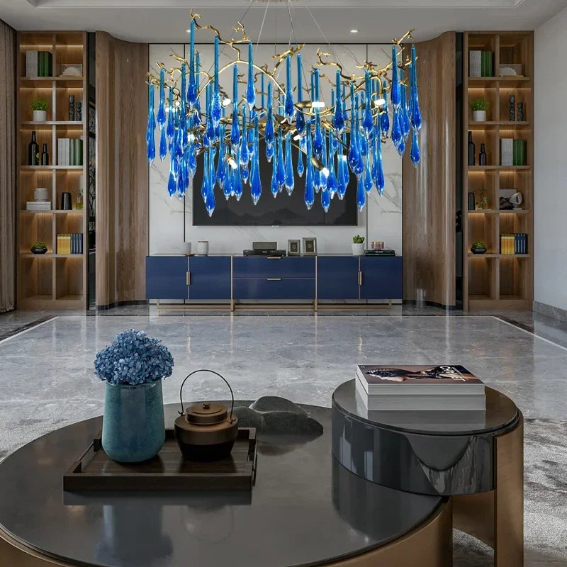 lustre contemporain élégant gouttes cristal bleu doré opalescent led salon chambre