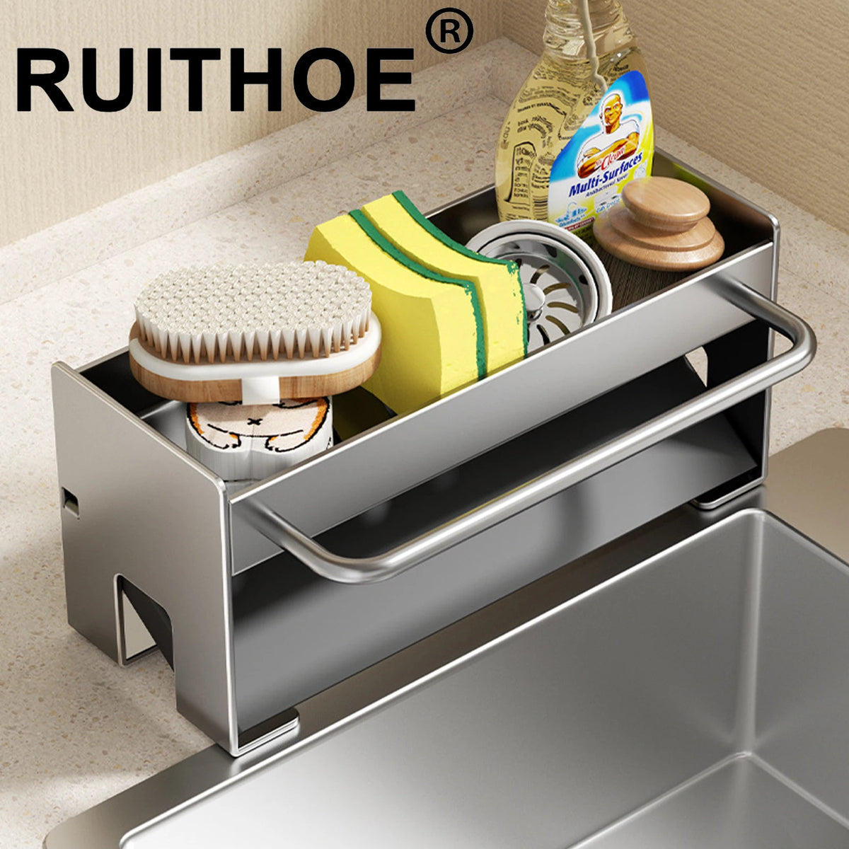 rangement évier suspendu moderne brosses éponges savon serviette cosmétiques minimaliste argenté blanc