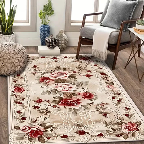tapis vintage floral beige rose rouge vert noir classique salon chambre décoration maisonextérieur