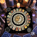 tableau astrologique zodiacal tarot solaire lunaire mystique noir doré bleumarine symbols religieux holidays