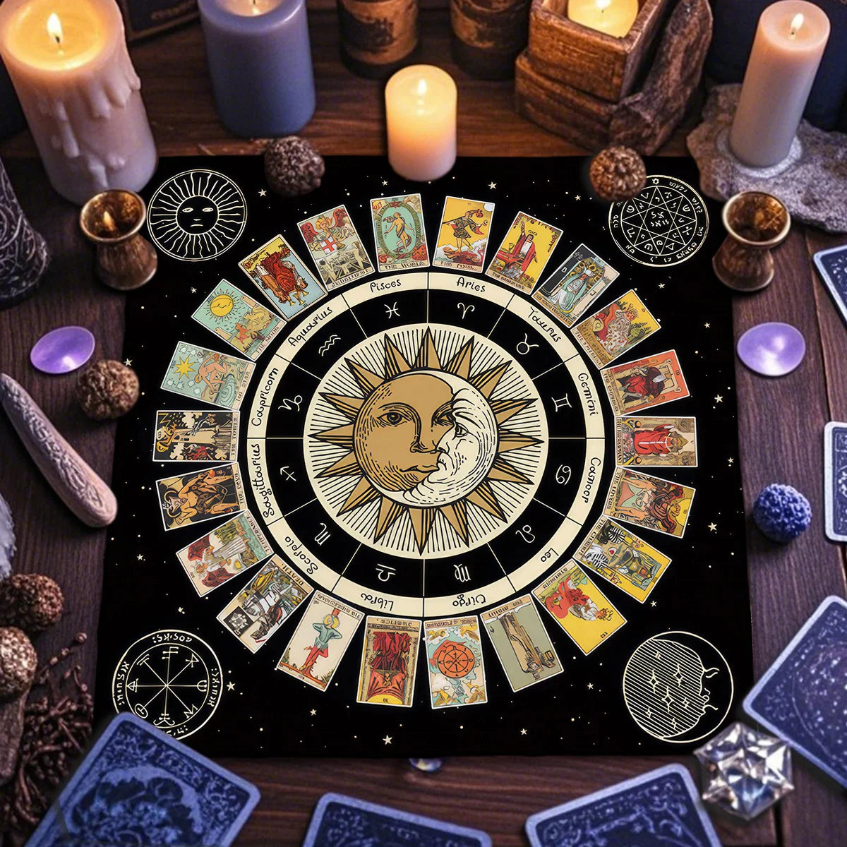 tableau astrologique zodiacal tarot solaire lunaire mystique noir doré bleumarine symbols religieux holidays