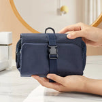 sac toilette pliable suspendu compartiments zippés poches mesh miroir polyester bleu marine gris minimaliste