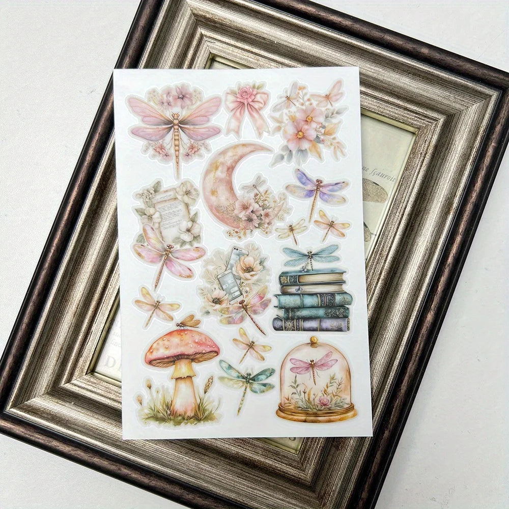 autocollants floral libellules champignons livres papillon lune roses beiges verts bleus blancs vintage romantique