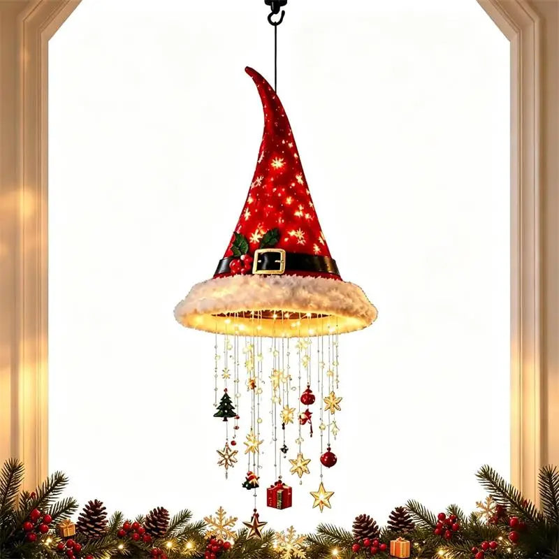 décoration noël chapeau lumineux rouge blanc doré flocons velours festive crochets guirlande