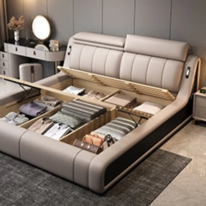 lit double rangement intégré tête lit capitonnée moderne luxueux cuir texturé