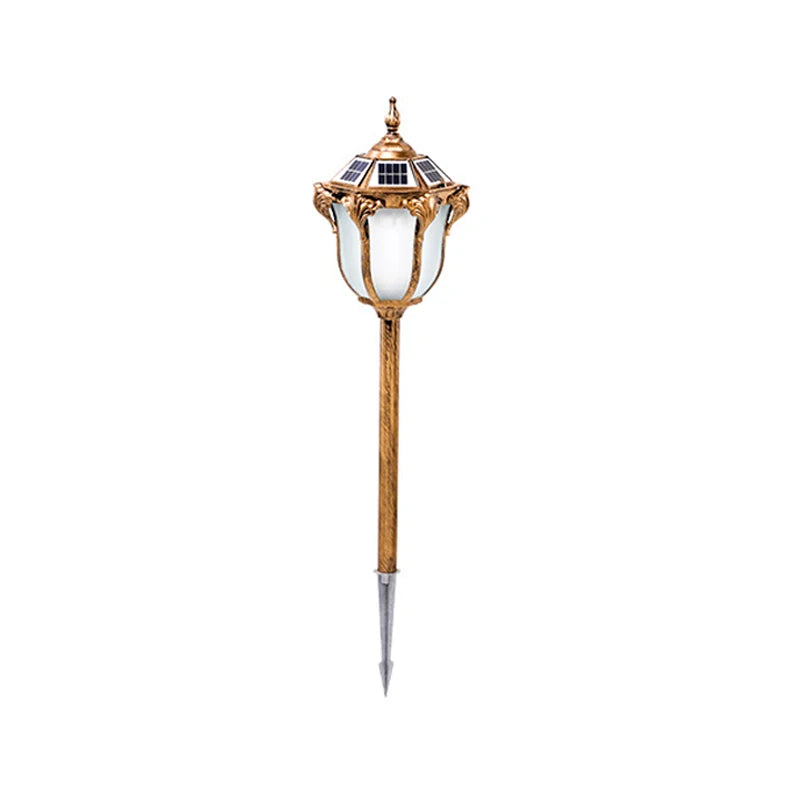 lampe solaire extérieure or noir classique ornements dorés panneaux solaires pied métallique autonomie led