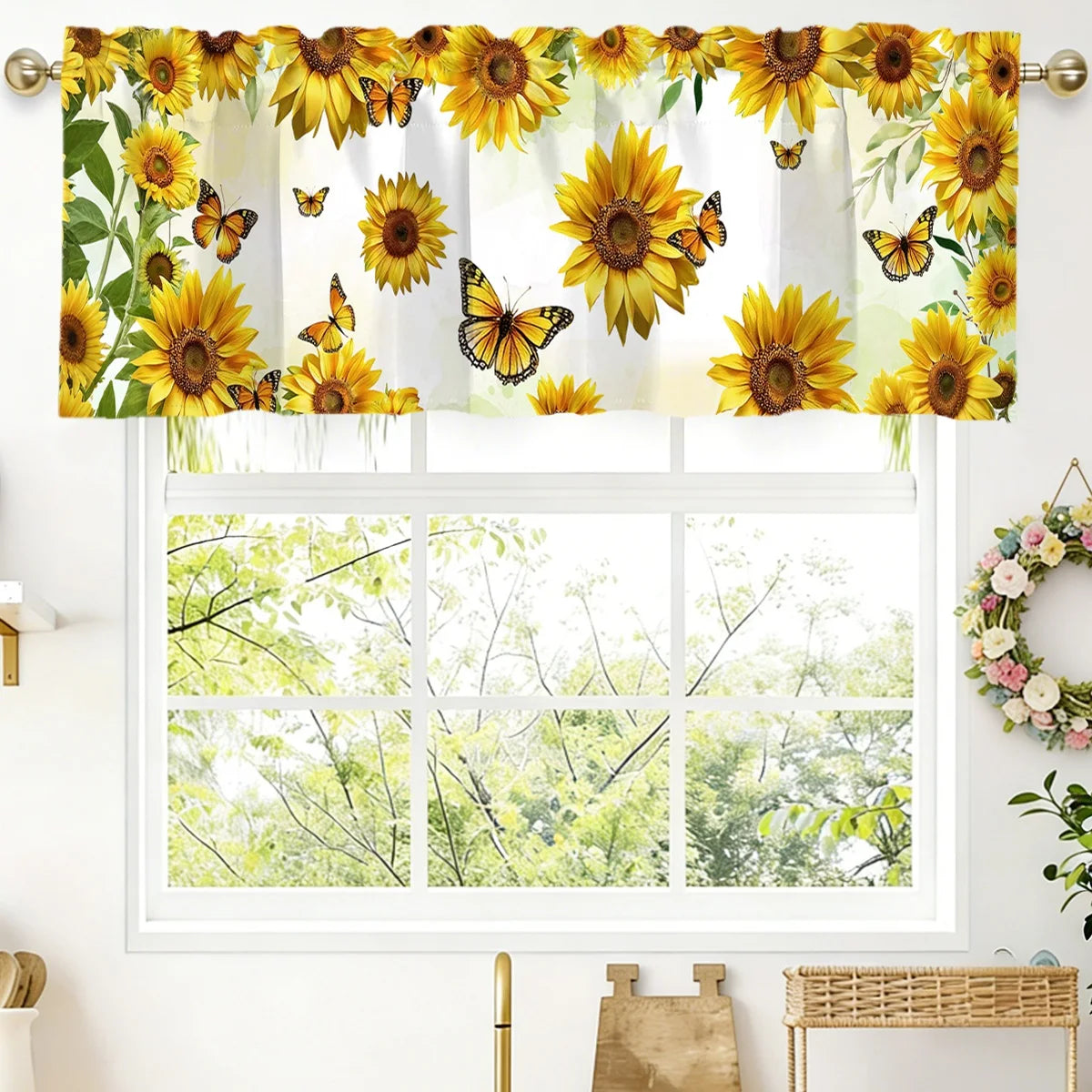 rideau floral printemps tournesol eucalyptus sauvage fleuri décoration fenêtre cuisine chambre semi transparent polyester