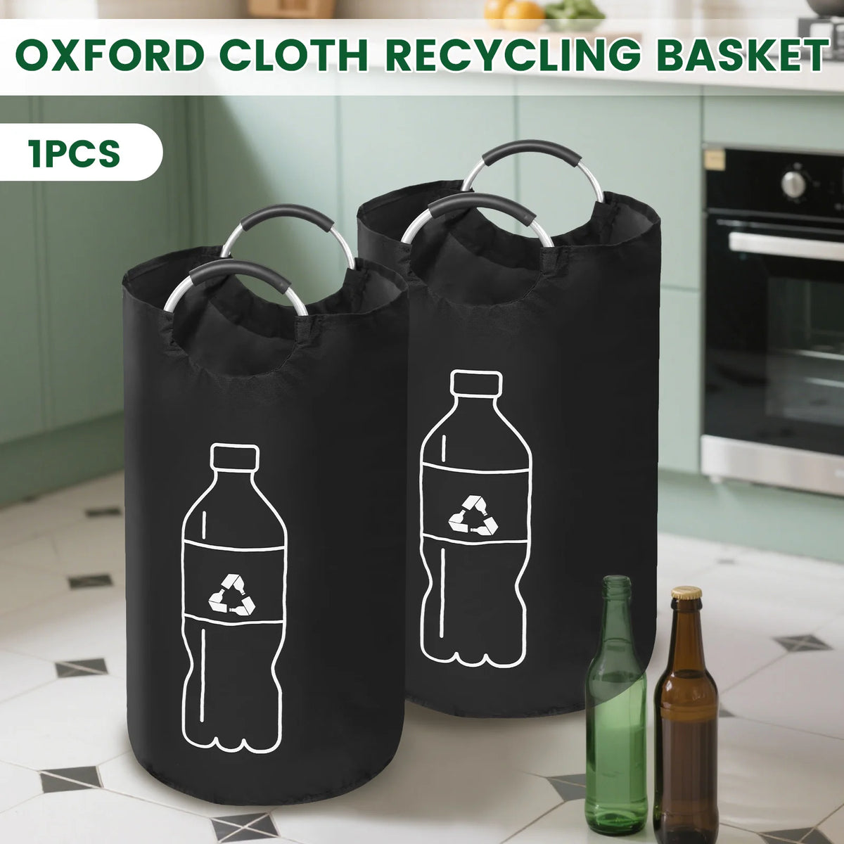 sac recyclage noir pliable oxford cloth 82l 115l multiple utilisation bouteilles plastique symbole recyclage