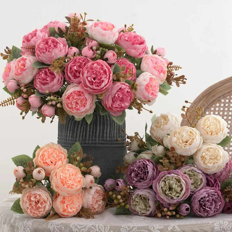 bouquet pivoines artificielles soies roses violets blancs feuilles vertes intérieur romantique classique decoration maison