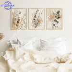 tableaux abstraits minimaliste fleurs séchées naturels beige gris vert cadres floraux decoration chambre triptyque