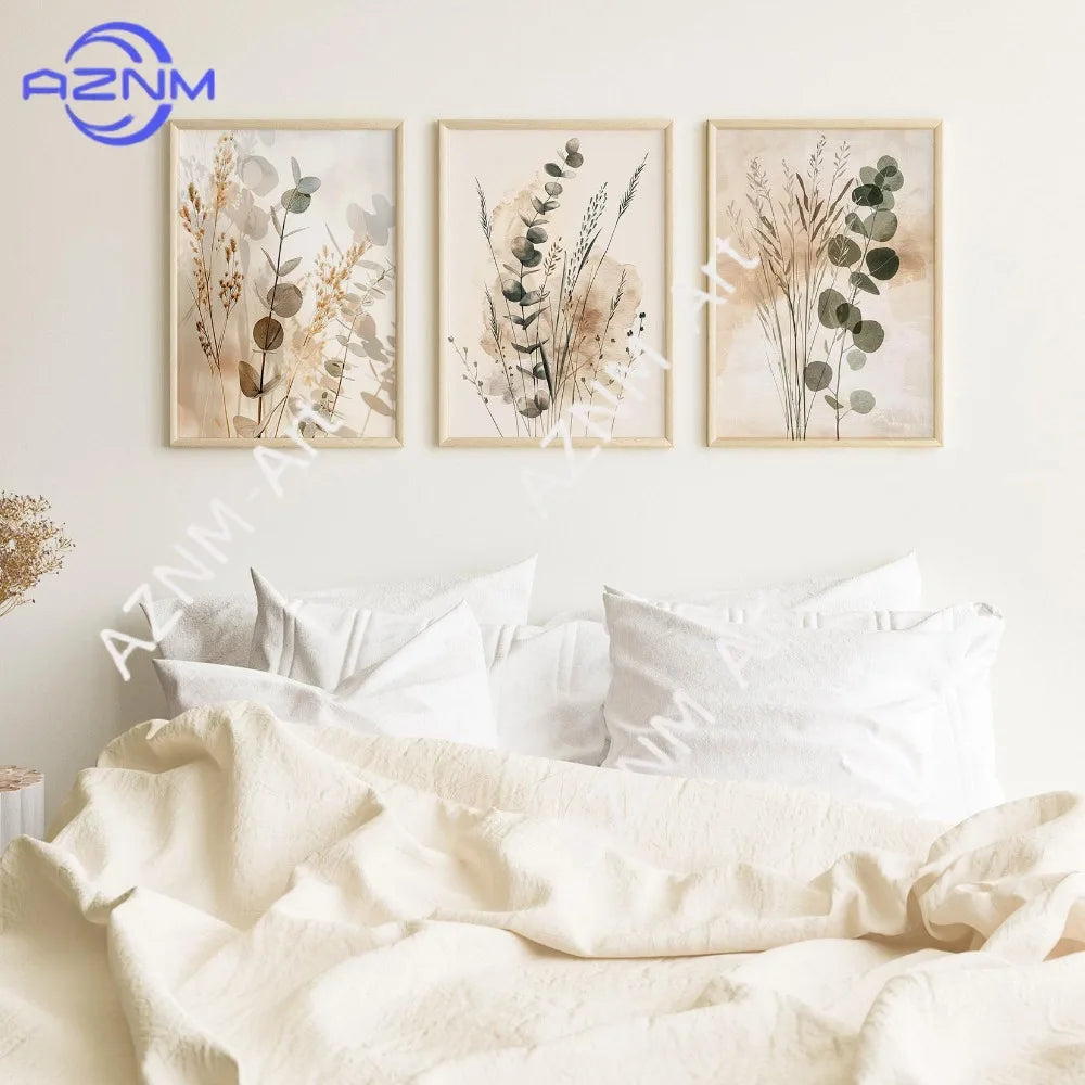 tableaux abstraits minimaliste fleurs séchées naturels beige gris vert cadres floraux decoration chambre triptyque