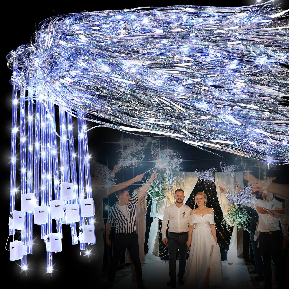 rubans led mariage argenté blanc tissé brillant moderne festif clips interrupteur 50cm