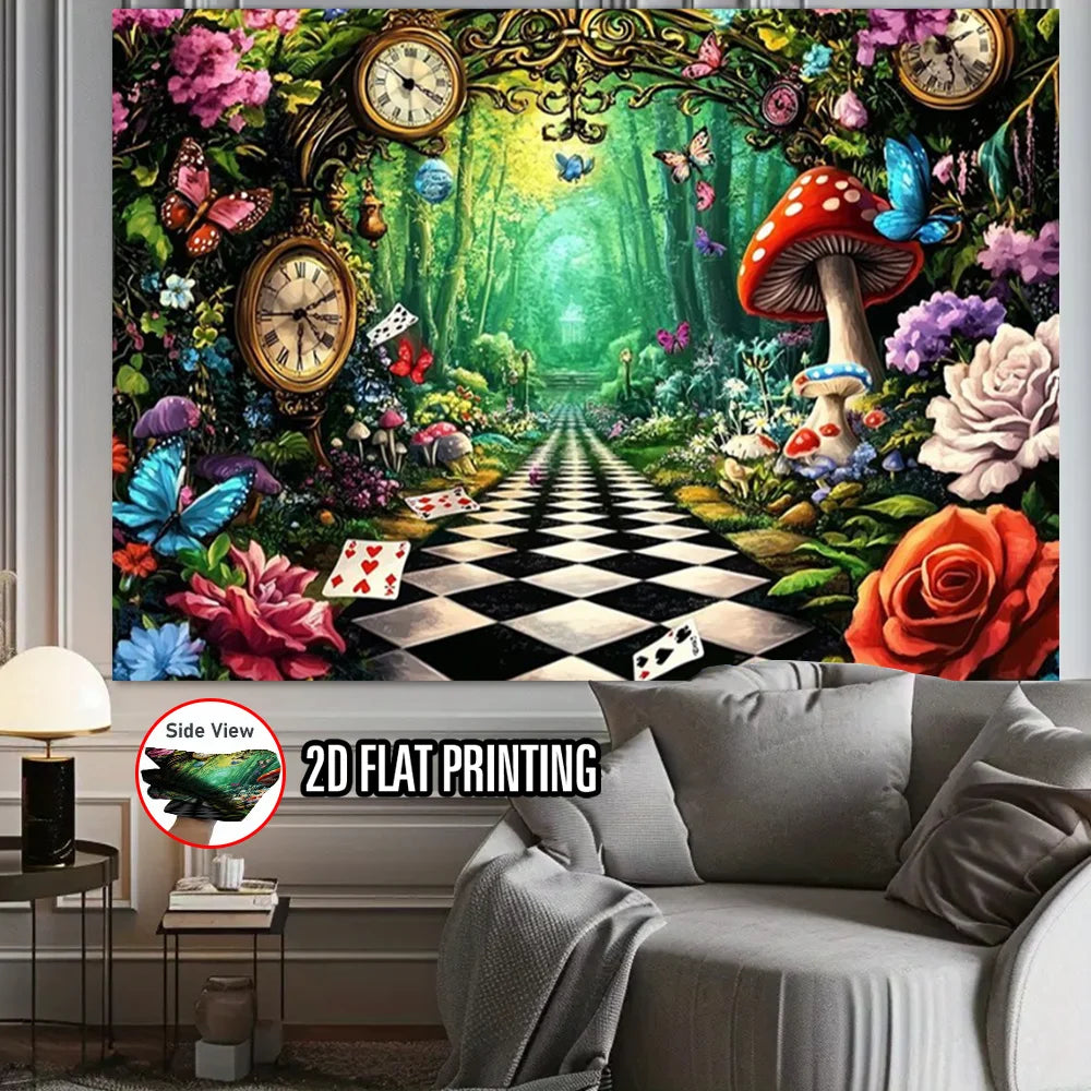 décoration murale fantaisie alice pays merveilles horloges papillons champignons fleurs verte rouge