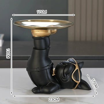 décoration moderne sculpture chien lunettes plateau ornement résine noir beige crème humoristique