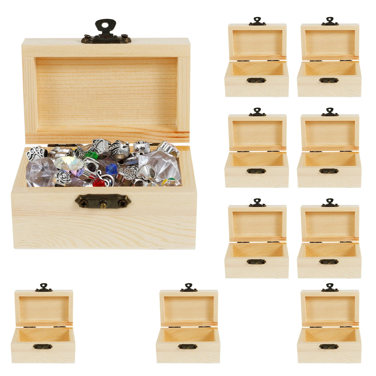 boîte bijoux bois clair empilable respectueuse environnement rustique vintage cadenas anneaux pendentifs