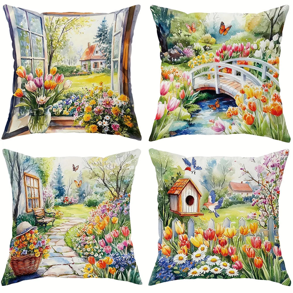 housse coussin multicolore paysage printanier tulipes pont maison arbre papillon fleurs 40x40cm 45x45cm 50x50cm